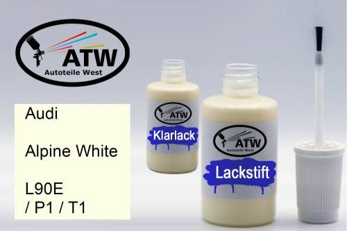 Audi, Alpine White, L90E / P1 / T1: 20ml Lackstift + 20ml Klarlack - Set, von ATW Autoteile West.